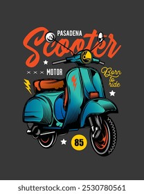 Classic old scooter. Original vector illustration in vintage style. T-shirt design. Hand drawn, not AI