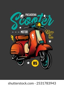 Vespa vieja clásica. Ilustración vectorial original en estilo vintage. Diseño de camiseta. Dibujado a mano, no AI