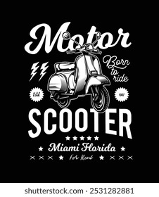 Classic old scooter poster. Original vector illustration in vintage style. T-shirt design. Hand drawn, not AI