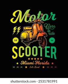 Classic old scooter poster. Original vector illustration in vintage style. T-shirt design. Hand drawn, not AI