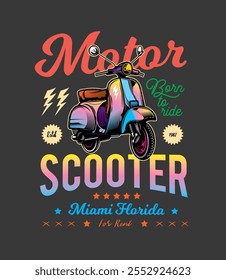 Cartaz de scooter velho clássico. Ilustração vetorial original em estilo vintage. Design de camiseta. Desenhado à mão, não com IA