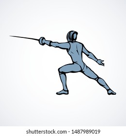 Classic old swordplay antique armor male combat character stand on white background. Outline black ink drawn danger fit hit blade arm conflict history logo in retro art engraved doodle cartoon style