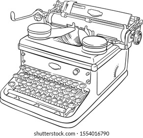 Classic old vintage typewriter machine line vector illustration drawing