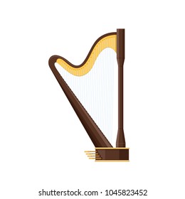 Classic old wooden harp, traditional string musical instrument. Holiday, music on harp. Carnival, masquerade, festival, concert. Realistic historical musical string instrument. Vector illustration.