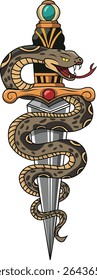 A classic old-school tattoo design featuring a snake wrapped around a dagger.