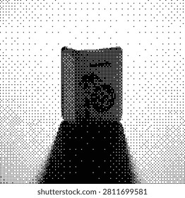 Classic open book casting a subtle shadow, presented in a timeless halftone dot pattern, symbolizing knowledge and literature.