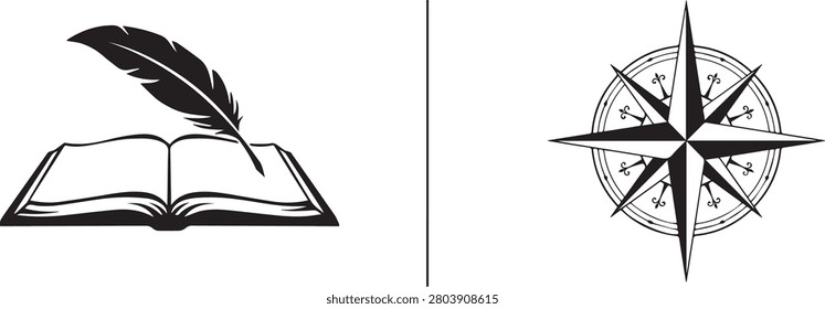 Classic open book with quill and nautical compass illustration navigation illustration adventure direction nautical education literary