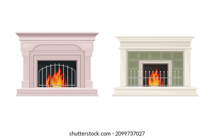 Chimenea de fuego abierto clásica con ilustración vectorial del juego de fuego quemado