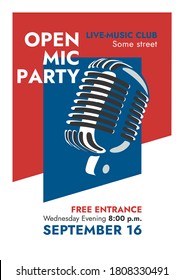 Classic "Open Mic Party" vector poster in retro colors. Retro style promo - vector template for concert, stand-up or music event. Modern poster with old style microphone.