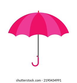 Classic open pink umbrella floating isolated on white background, realistic and colorful rain protection accessory with curved handle