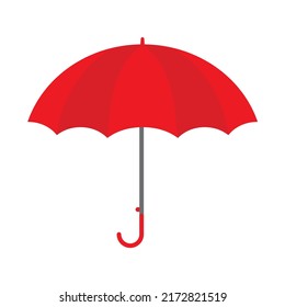 Classic open red umbrella floating isolated on white background, realistic and colorful rain protection accessory with curved handle