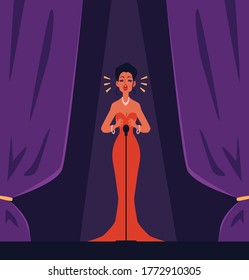 Classic opera or concert singer in long evening dress standing on stage behind microphone, flat cartoon vector illustration. Music art performance or entertainment event.