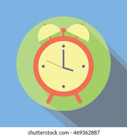 Classic orange alarm clock icon over circle green and blue background, vector illustration with long shadow, flat, isolated, retro style