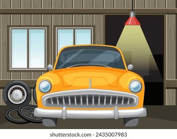 Clásico coche naranja aparcado dentro de un garaje de madera
