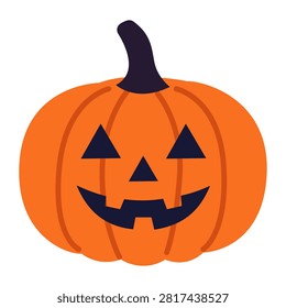 Classic orange jack o lantern pumpkin with wide happy carved mouth in flat vector style