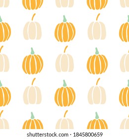 Classic orange pumpkins in rows seamless pattern. Hand-drawn pumpkins of different shapes in on a white background, vector illustration.