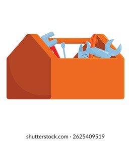 Classic orange toolbox is holding various tools for construction and repair