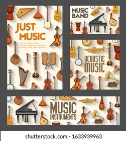 Classic orchestra, jazz and folk music instruments posters. Vector acoustic music concert and sound band festival, piano, gramophone, Russian balalaika and Greek sitar, African drums and Japanese biwa