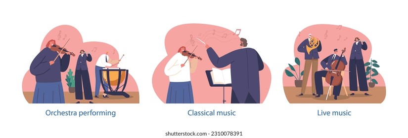 Classic Orchestra on Stage Isolated Elements. Musician Characters Captivating Audience With Their Harmonious Melodies