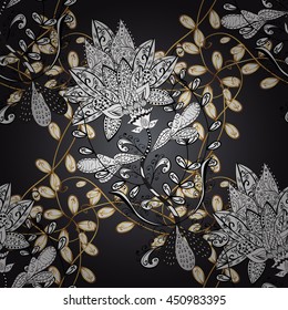 Classic oriental background with white doodles. Traditional vector and golden pattern. Damask seamless ornament.