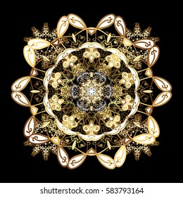 Classic oriental background with white doodles. Damask ornament. Traditional vector and golden pattern.