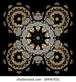 Classic oriental background with white doodles. Damask ornament. Traditional vector and golden pattern.