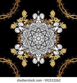 Classic oriental background with white doodles. Damask ornament. Traditional vector and golden pattern.