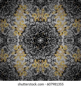 Classic oriental background with white doodles. Damask seamless ornament. Traditional vector and golden pattern.