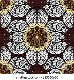 Classic oriental background with white doodles. Damask seamless ornament. Traditional vector and golden pattern.
