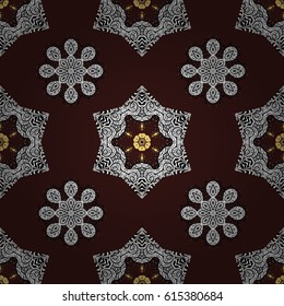 Classic oriental background with white doodles. Damask seamless ornament. Traditional vector and golden pattern.