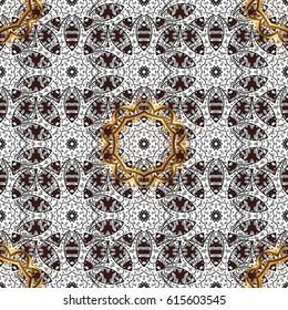 Classic oriental background with white doodles. Damask seamless ornament. Traditional vector and golden pattern.