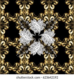 Classic oriental background with white doodles. Damask seamless ornament. Traditional vector and golden pattern.