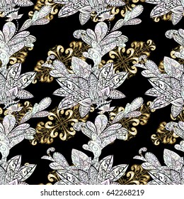 Classic oriental background with white doodles. Damask seamless ornament. Traditional vector and golden pattern.