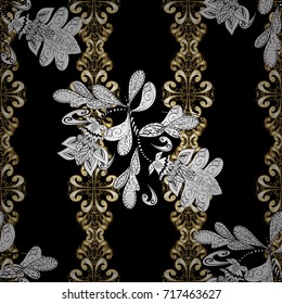 Classic oriental background with white doodles. Damask seamless ornament. Traditional vector and golden pattern.