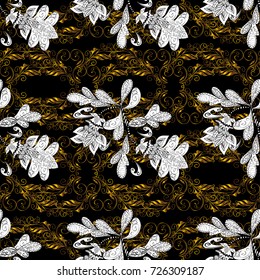 Classic oriental background with white doodles. Damask seamless ornament. Traditional vector and golden pattern.