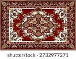 A classic oriental carpet design featuring intricate floral and leafy motifs arranged in perfect symmetry around a central medallion. The deep red background enhances the luxurious feel, while the center showcases layered geometric and floral elements in blue, gold, cream, and soft brown tones. The ornate border is richly decorated with continuous floral patterns, reflecting traditional craftsmanship and timeless elegance. Ideal for rugs, textiles, wallpapers, backgrounds, and premium interior design projects.