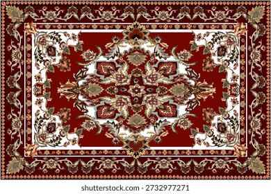 Um clássico design de tapete oriental com intrincados motivos florais e frondosos dispostos em perfeita simetria em torno de um medalhão central. O fundo vermelho profundo realça a sensação luxuosa, enquanto o centro exibe elementos geométricos e florais em camadas em tons de azul, ouro, creme e marrom suave. A borda ornamentada é ricamente decorada com padrões florais contínuos, refletindo artesanato tradicional e elegância atemporal. Ideal para tapetes, têxteis, papéis de parede, fundos e projetos de design de interiores premium.