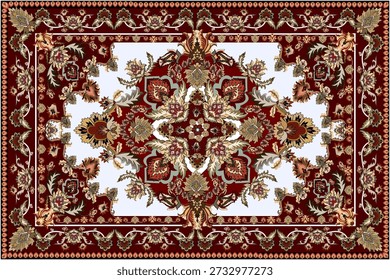 Um clássico design de tapete oriental com intrincados motivos florais e frondosos dispostos em perfeita simetria em torno de um medalhão central. O fundo vermelho profundo realça a sensação luxuosa, enquanto o centro exibe elementos geométricos e florais em camadas em tons de azul, ouro, creme e marrom suave. A borda ornamentada é ricamente decorada com padrões florais contínuos, refletindo artesanato tradicional e elegância atemporal. Ideal para tapetes, têxteis, papéis de parede, fundos e projetos de design de interiores premium.