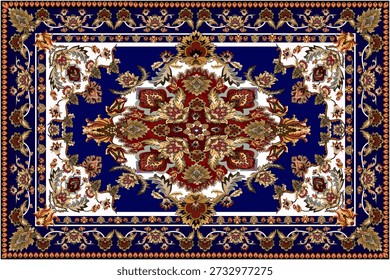 Un diseño clásico de alfombra oriental con intrincados motivos florales y frondosos dispuestos en perfecta simetría alrededor de un medallón central. El fondo rojo intenso realza la sensación de lujo, mientras que el centro muestra Elementos geométricos y florales en capas en tonos azules, dorados, crema y marrones suaves. El borde ornamentado está ricamente decorado con patrones florales continuos, que reflejan la artesanía tradicional y la elegancia atemporal. Ideal para alfombras, textiles, Fondos de pantalla, fondos y proyectos de diseño de interiores premium.