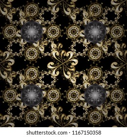 Classic oriental pattern over black, beige and brown colors. Damask seamless ornament. Traditional vector and golden pattern.