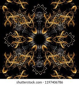 Classic oriental pattern over black, brown and gray colors. Damask seamless ornament. Traditional vector and golden pattern.