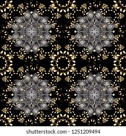 Classic oriental pattern over black colors. Damask seamless ornament. Traditional vector and golden pattern.
