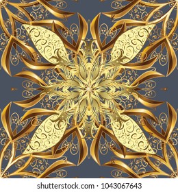 Classic oriental pattern over blue, yellow and brown colors. Damask seamless ornament. Traditional vector and golden pattern.