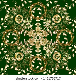 Classic oriental pattern over brown and blue colors. Damask seamless ornament. Traditional vector and golden pattern.