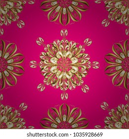 Classic oriental pattern over magenta, beige and brown colors. Damask seamless ornament. Traditional vector and golden pattern.