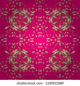 Classic oriental pattern over magenta, brown and beige colors. Damask seamless ornament. Traditional vector and golden pattern.