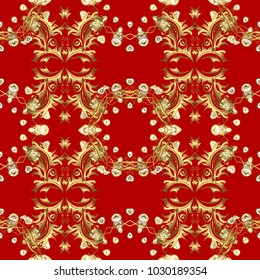 Classic oriental pattern over red and yellow colors. Damask seamless ornament. Traditional vector and golden pattern.