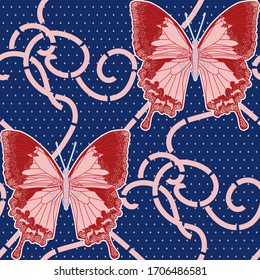 Classic ornament of red butterflies, dots and flourishes on a blue background. Seamless pattern. Vector hand-drawn illustration. Design for fabric and wallpaper. EPS 10
