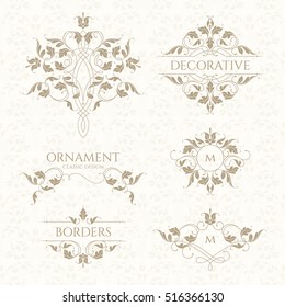 Classic ornament. Set of decorative  borders and monograms. Template signage, logos, labels, stickers, cards. Graphic design page. Classic design elements for wedding invitations.