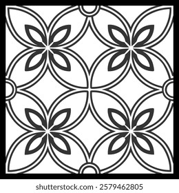 Classic Ornamental Black and White Pattern | Botanical Swirl and Geometric Tile for Textile, Fashion, Interior, Wallpaper, Packaging and Digital Art | Timeless Seamless Vector Artwork
